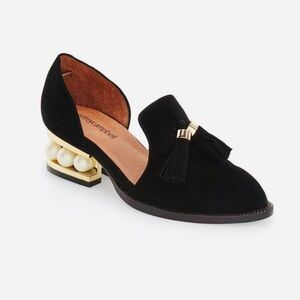 Jeffrey Campbell Black Loafers with Gold and Pearl Heel